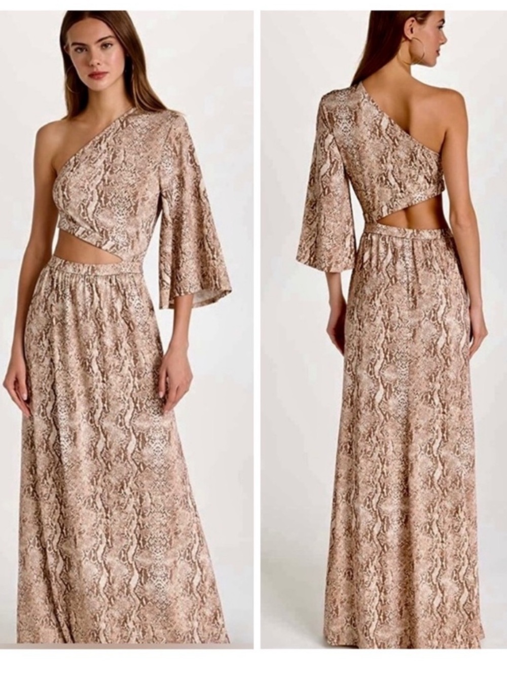L’Agence Fontana One Shoulder Snakeskin Print Cut-Out Maxi Dress Size XS